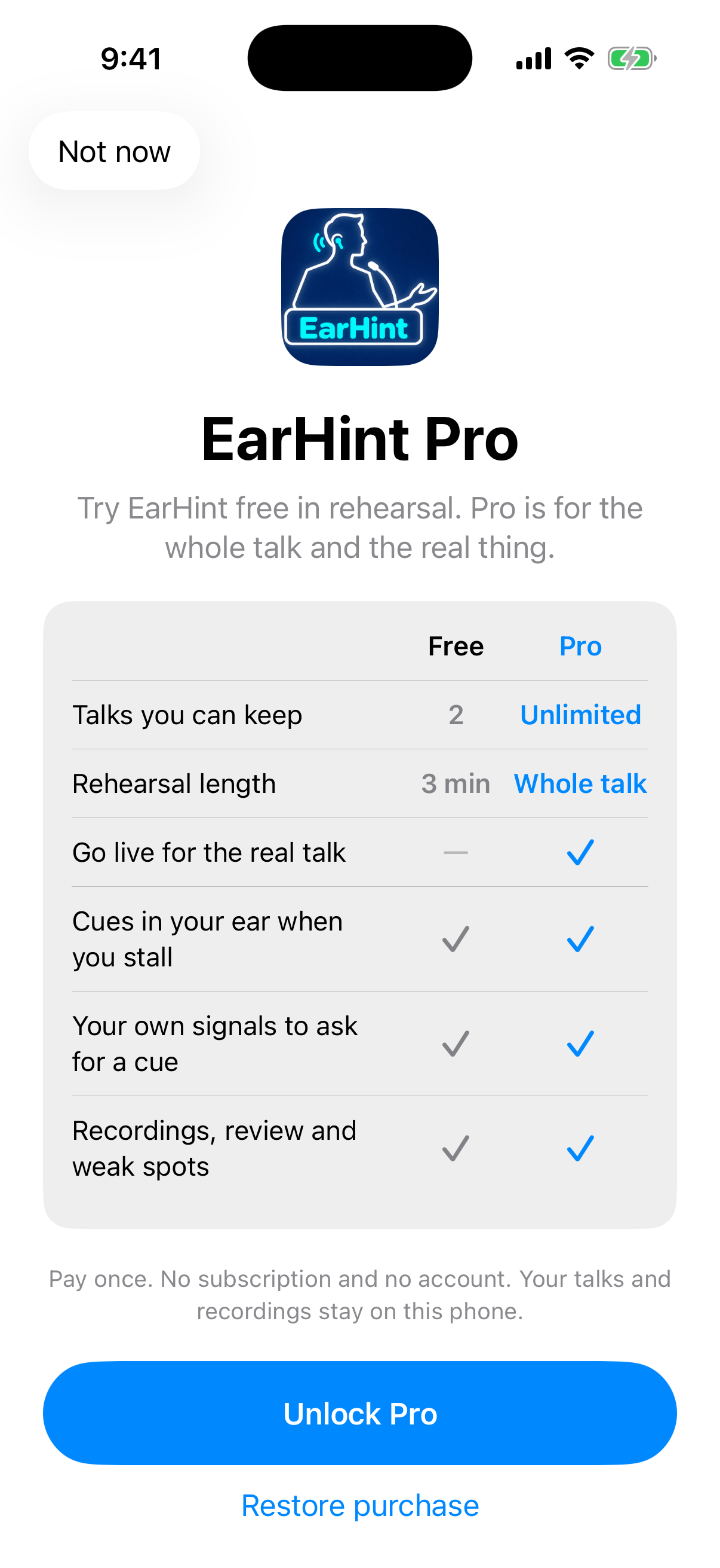 The EarHint Pro screen in the app, comparing what the free app and Pro include.